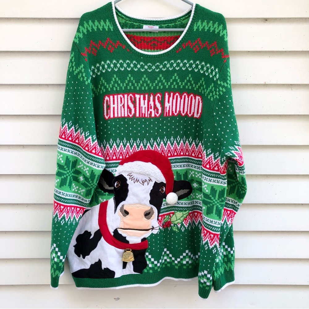 Holiday Time Green Christmas Sweater Santa Cow "Christmas Mooood" fair Isle 3XL